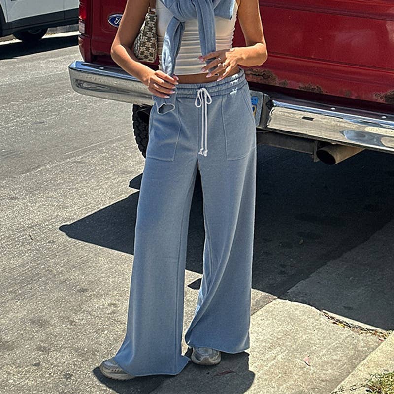 LOOSE SOLID COLOR DRAWSTRING ELASTIC-WAIST PANTS