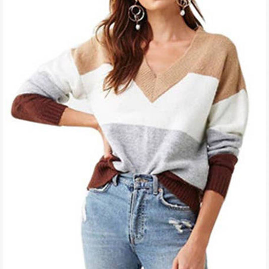 Vintage V-neck patchwork core yarn striped knitwear