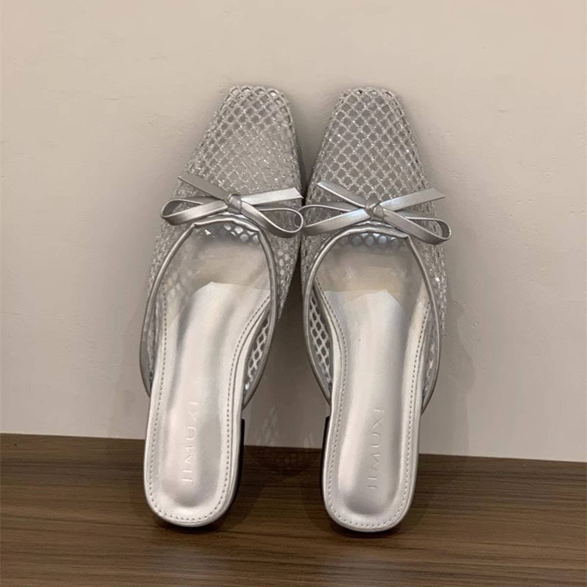Mesh Bow Knit Mules Flat Ballet Slip-On Shoes