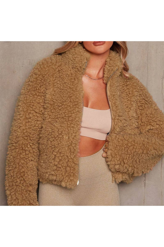 STAND-UP COLLAR ZIPPER PLUSH SOLID COLOR COAT