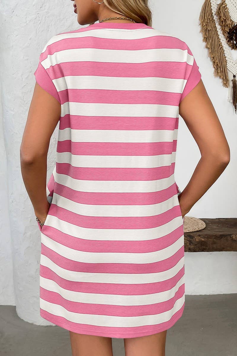 CWDSD7140_ROUND NECK STRIPED POCKET SHORT SLEEVE DRESS