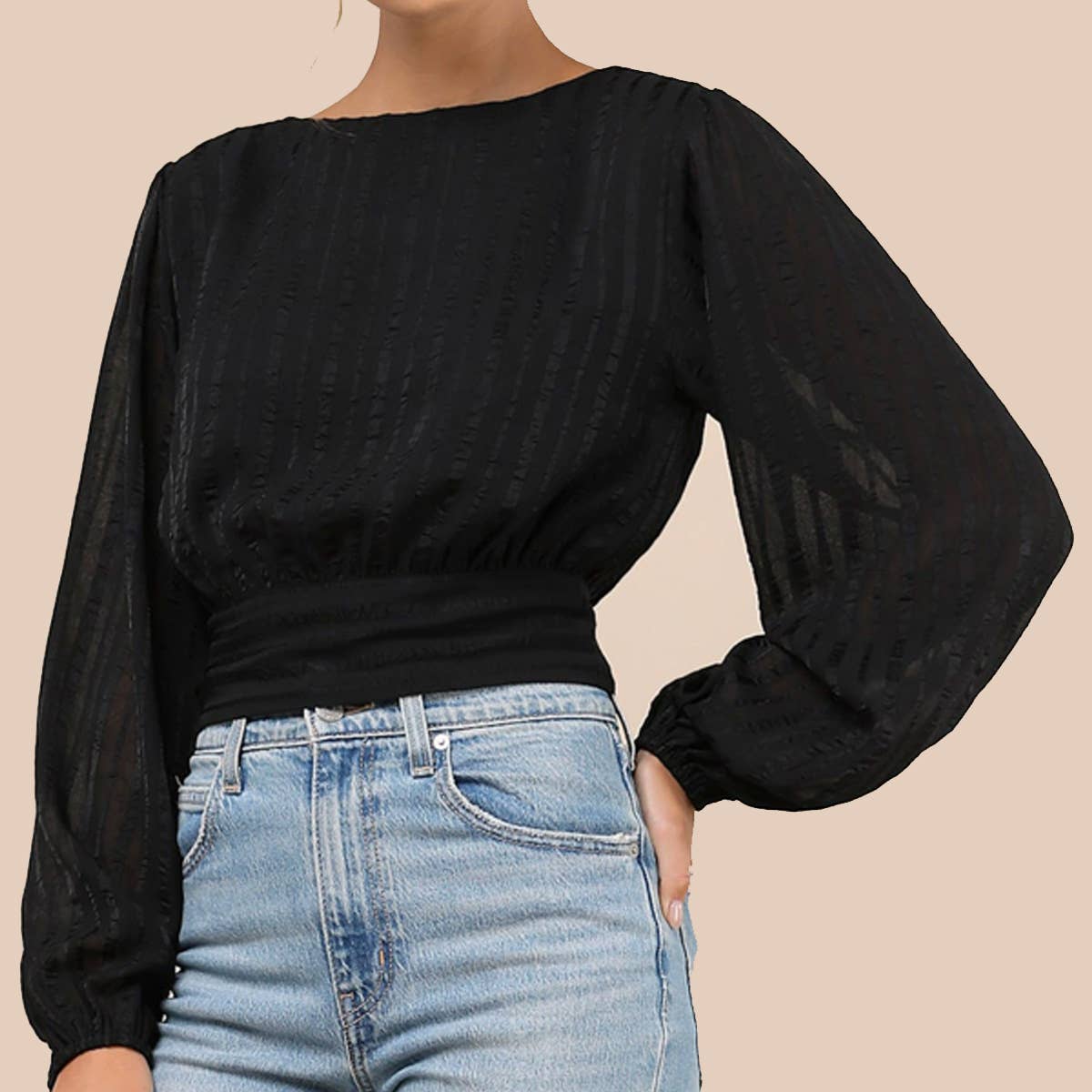 STRIPED JACQUARD CHIFFON ROUND NECK PULLOVER