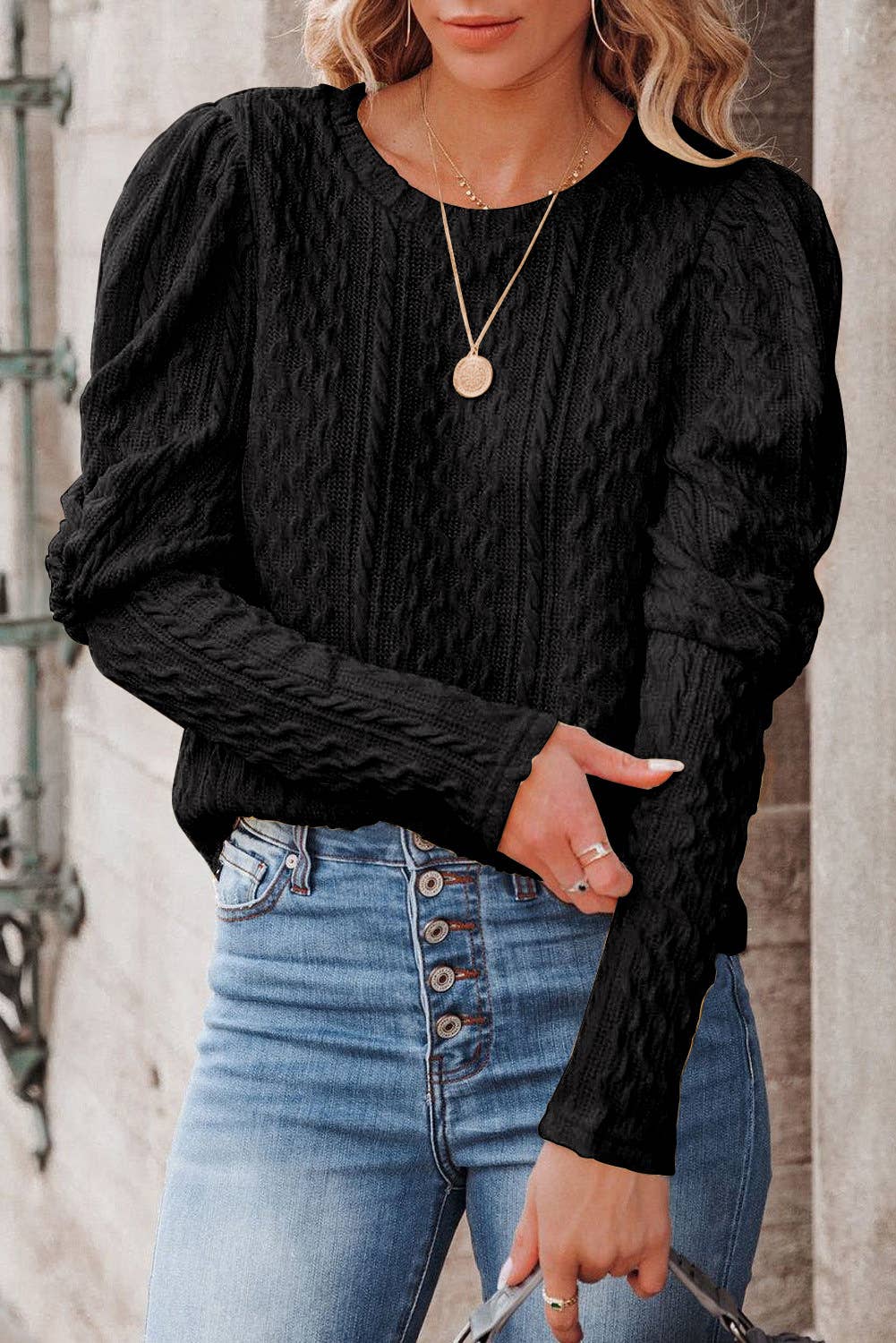 SOLID COLOR ROUND NECK LAMB LEG SLEEVE SWEATER