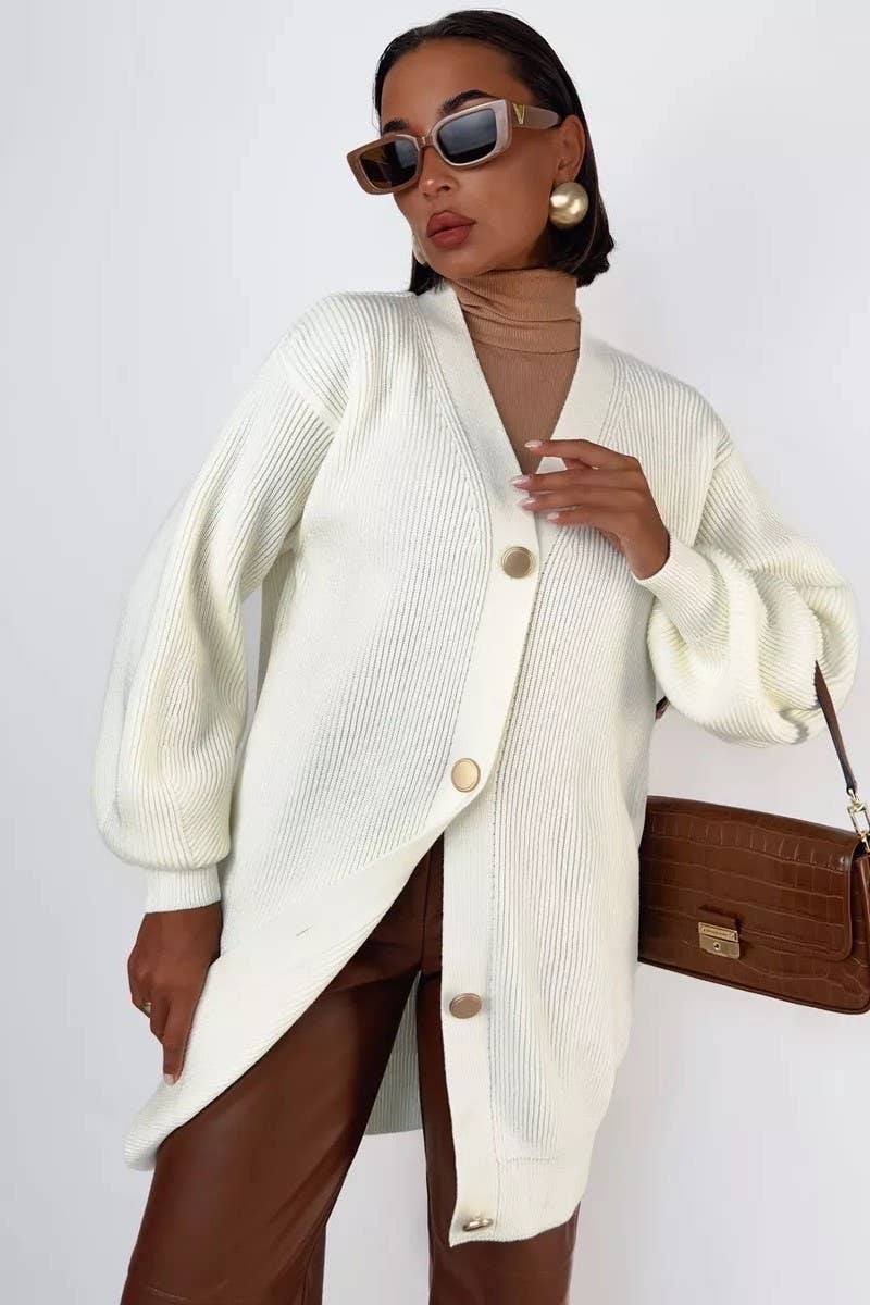 CWOCAL1481_V-NECK SOLID COLOR LENGTH KNITTED SWEATER COATS
