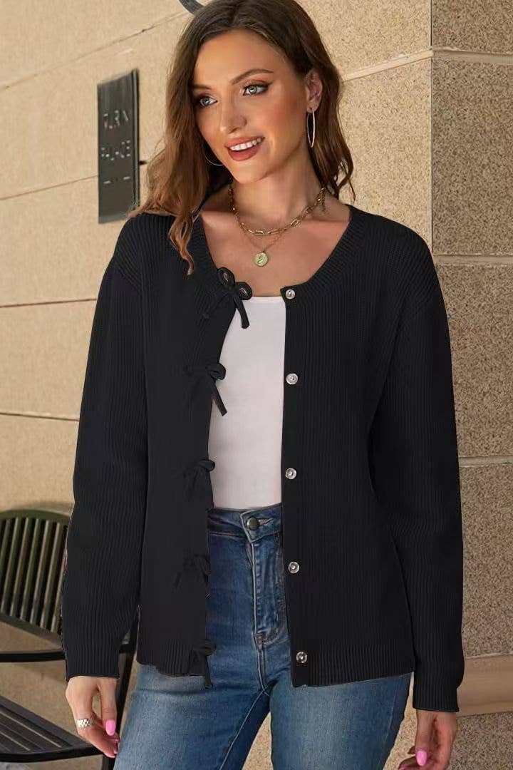 STYLISH AND COMFORTABLE BOW WOOL CARDIGAN