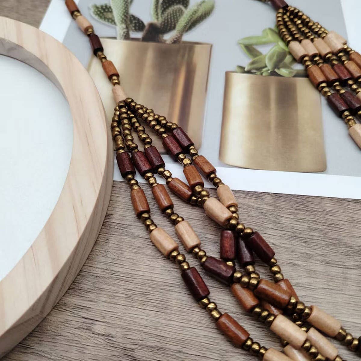 VINTAGE SMALL WOODEN TUBE MULTI-LAYER BEAD NECKLACE