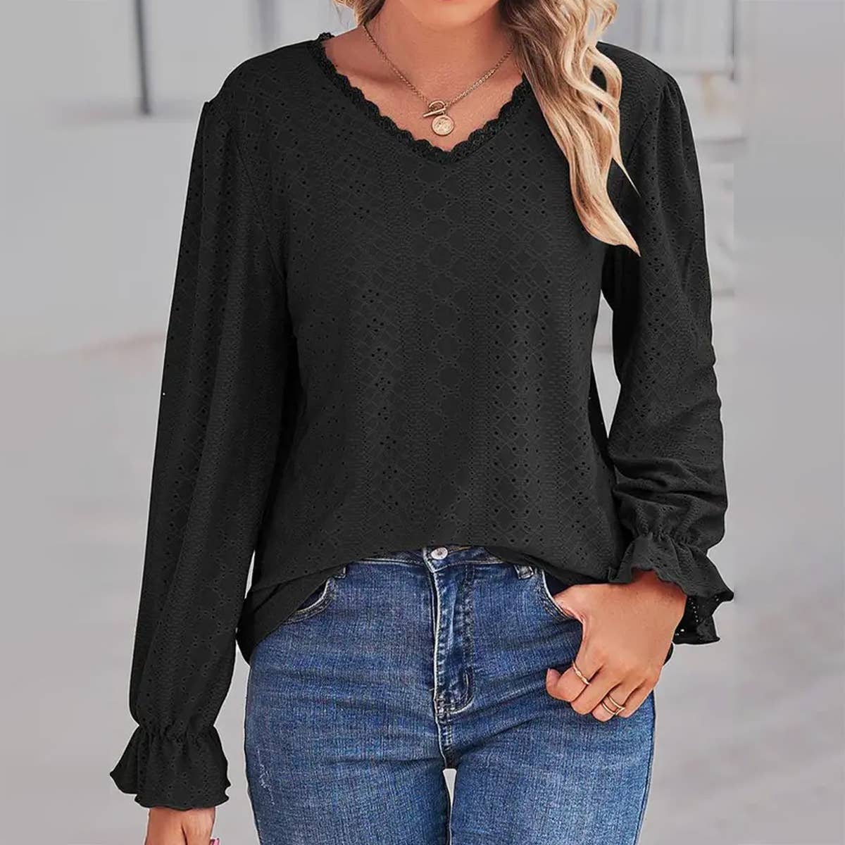 WOMEN LACE TRIM NECK EYELET LONG SLEEVE SHIRT TOP_CWTSTL0301
