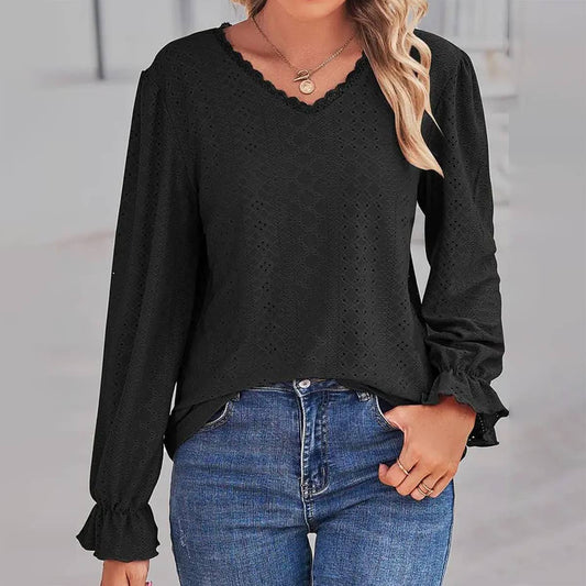 WOMEN LACE TRIM NECK EYELET LONG SLEEVE SHIRT TOP_CWTSTL0301