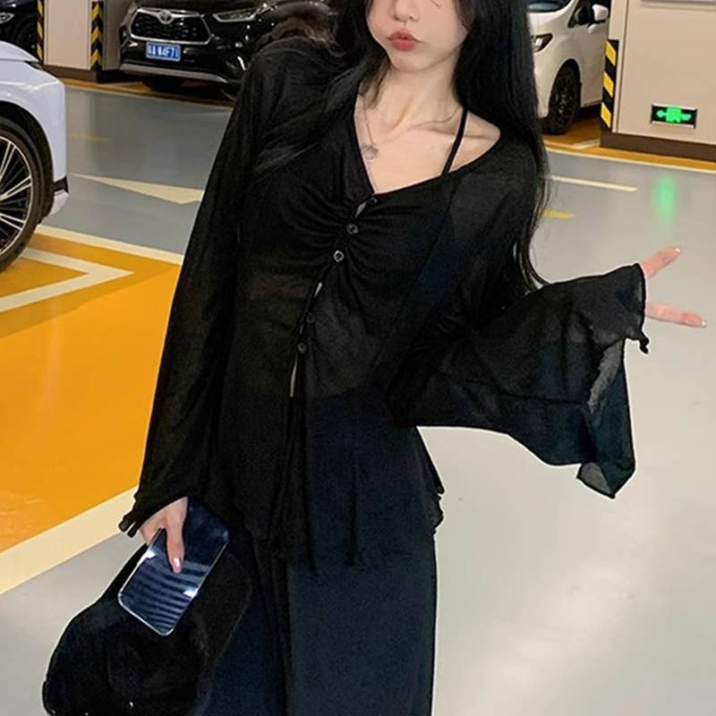 V-neck single breasted semi-transparent shirt