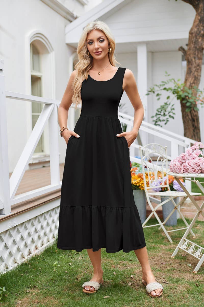 Square neck pleated large swing sleeveless dress