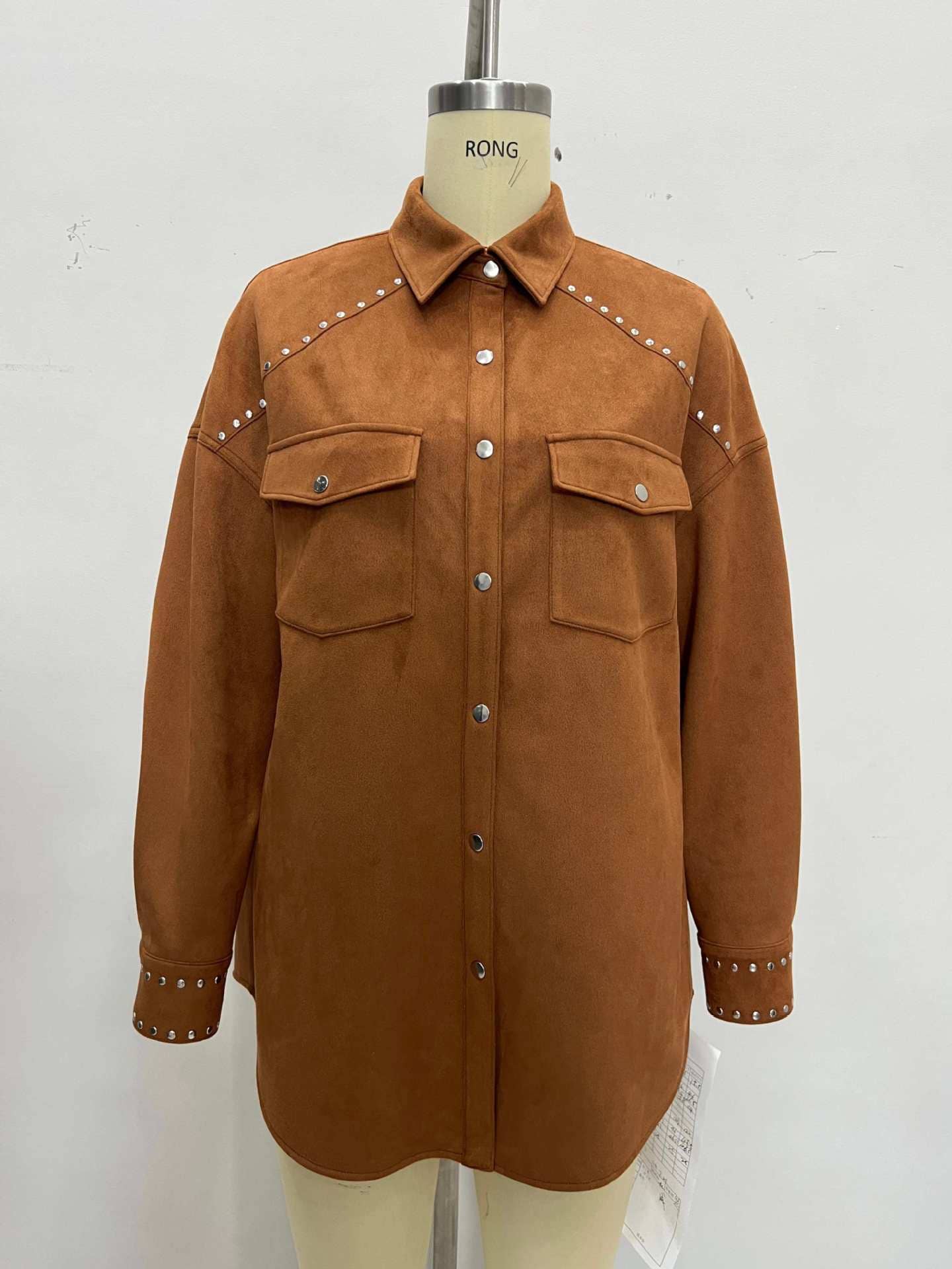 Lapel stylish multi-studded design loose shirt