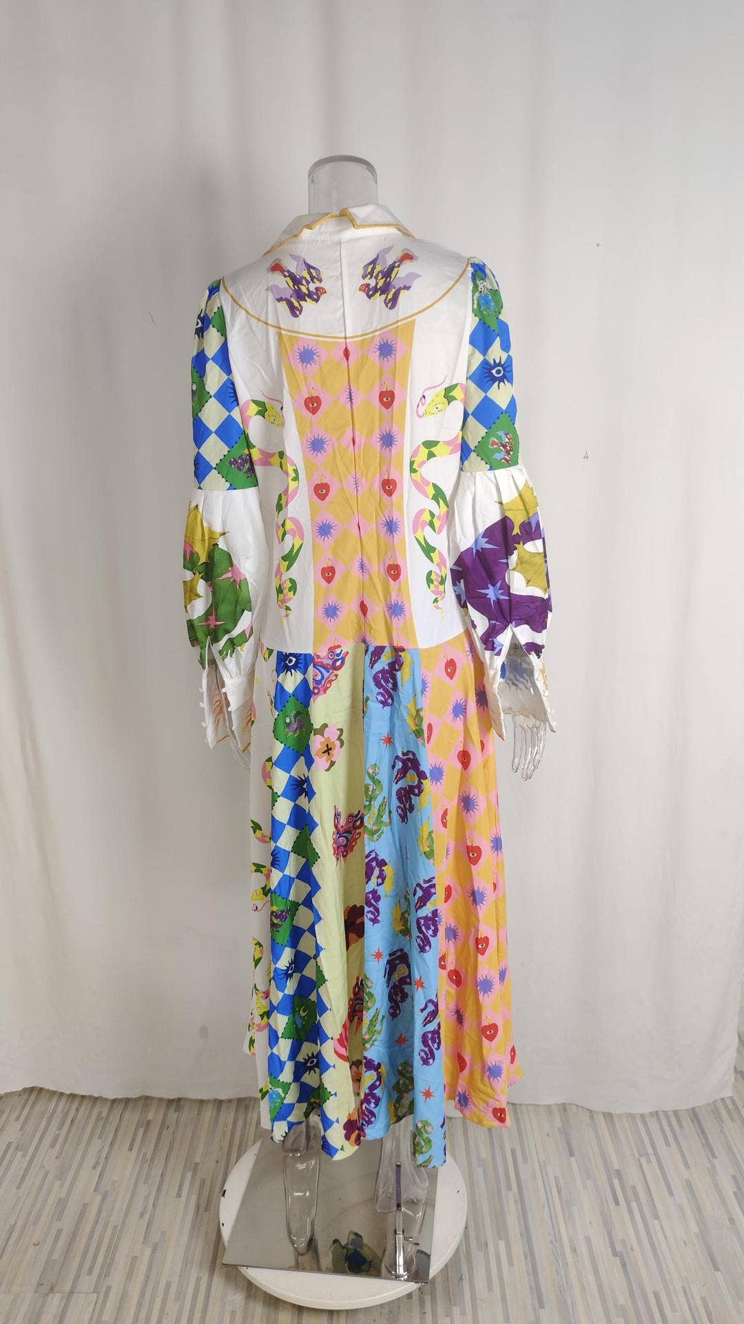 LANTERN SLEEVE PRINTED LAPEL LONG-SLEEVED DRESS