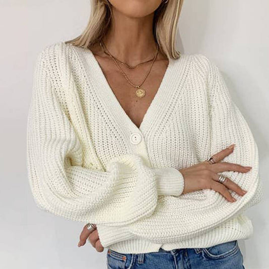 Solid color V-neck lantern sleeve button knit cardigan