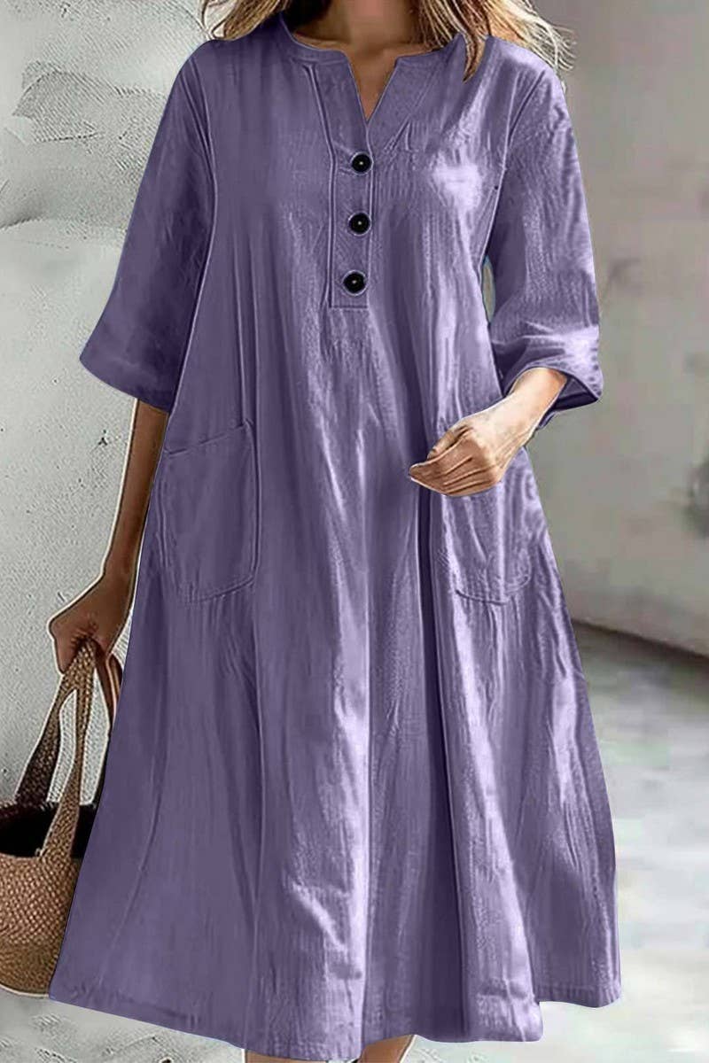 CWDMD01065_V-NECK LOOSE THREE-BUTTON POCKET DRESS