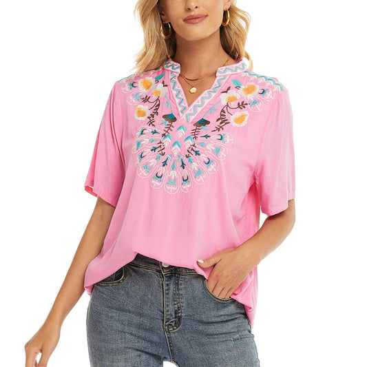 Embroidery ethnic style V-neck short sleeve