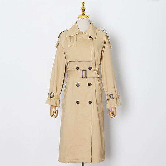 Elegant Long Trench Coat with Waist Belt & Collar