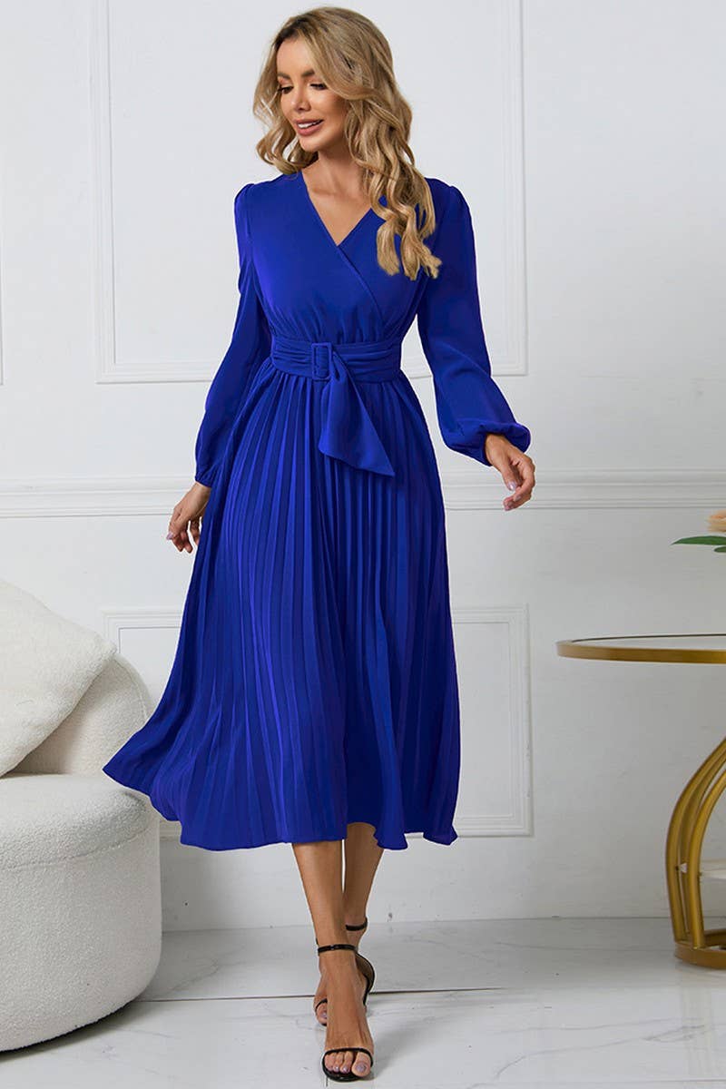 CWDMD1462_V-NECK LONG SLEEVED PLEATED DRESS