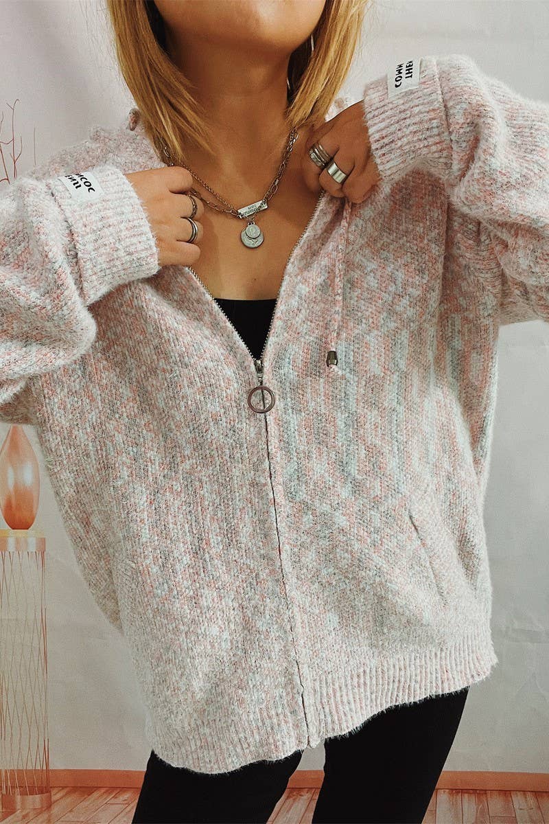 Hooded drawstring zipper pocket knit cardigan