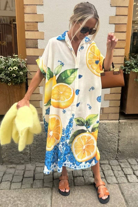 CWDMD946_LEMON PRINT LOOSE SHORT-SLEEVED SHIRT DRESS