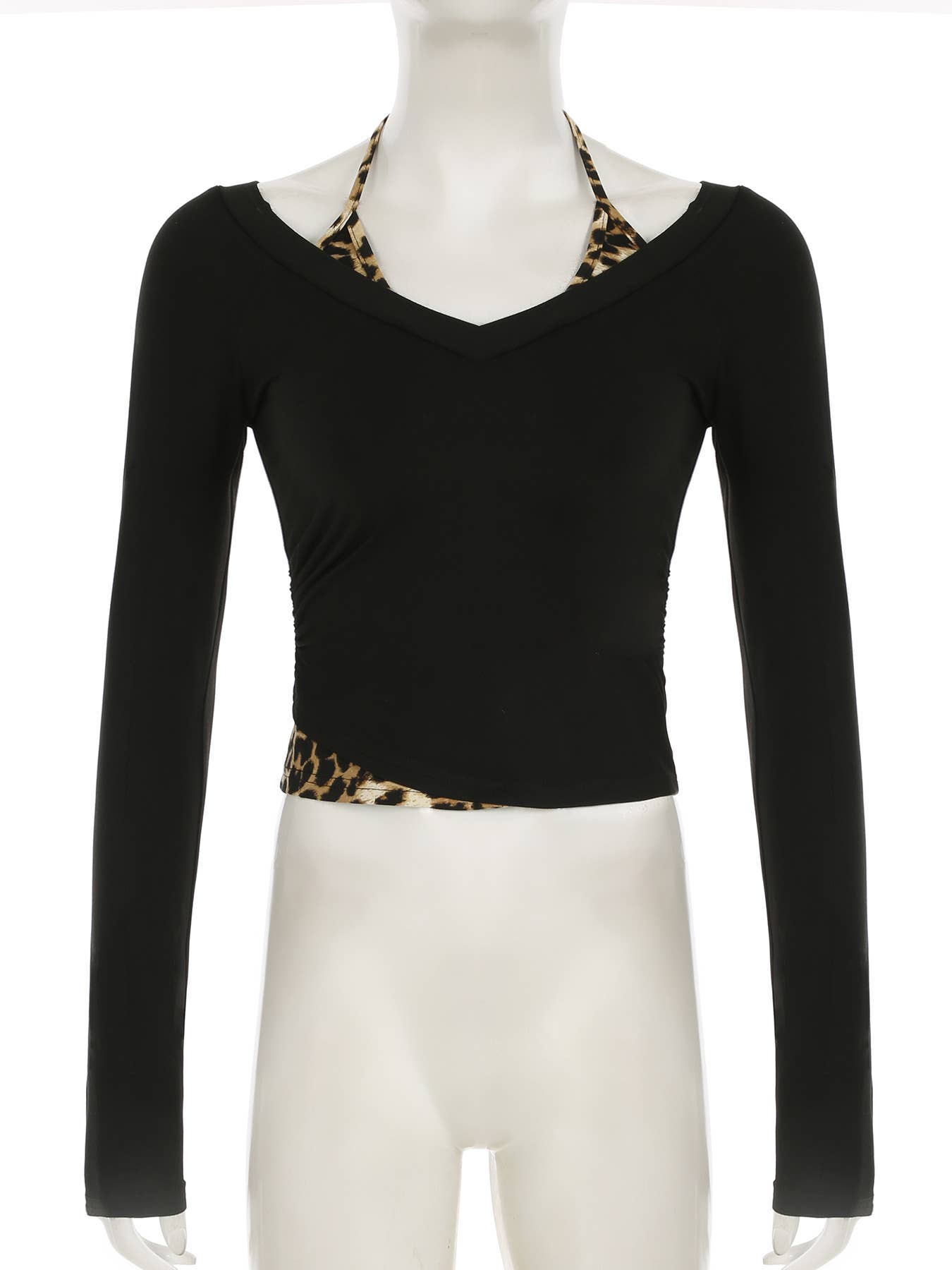 Leopard print fake two neckline slimming Top