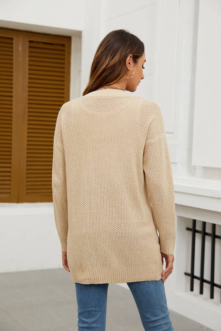 Solid color long long knit cardigan without button