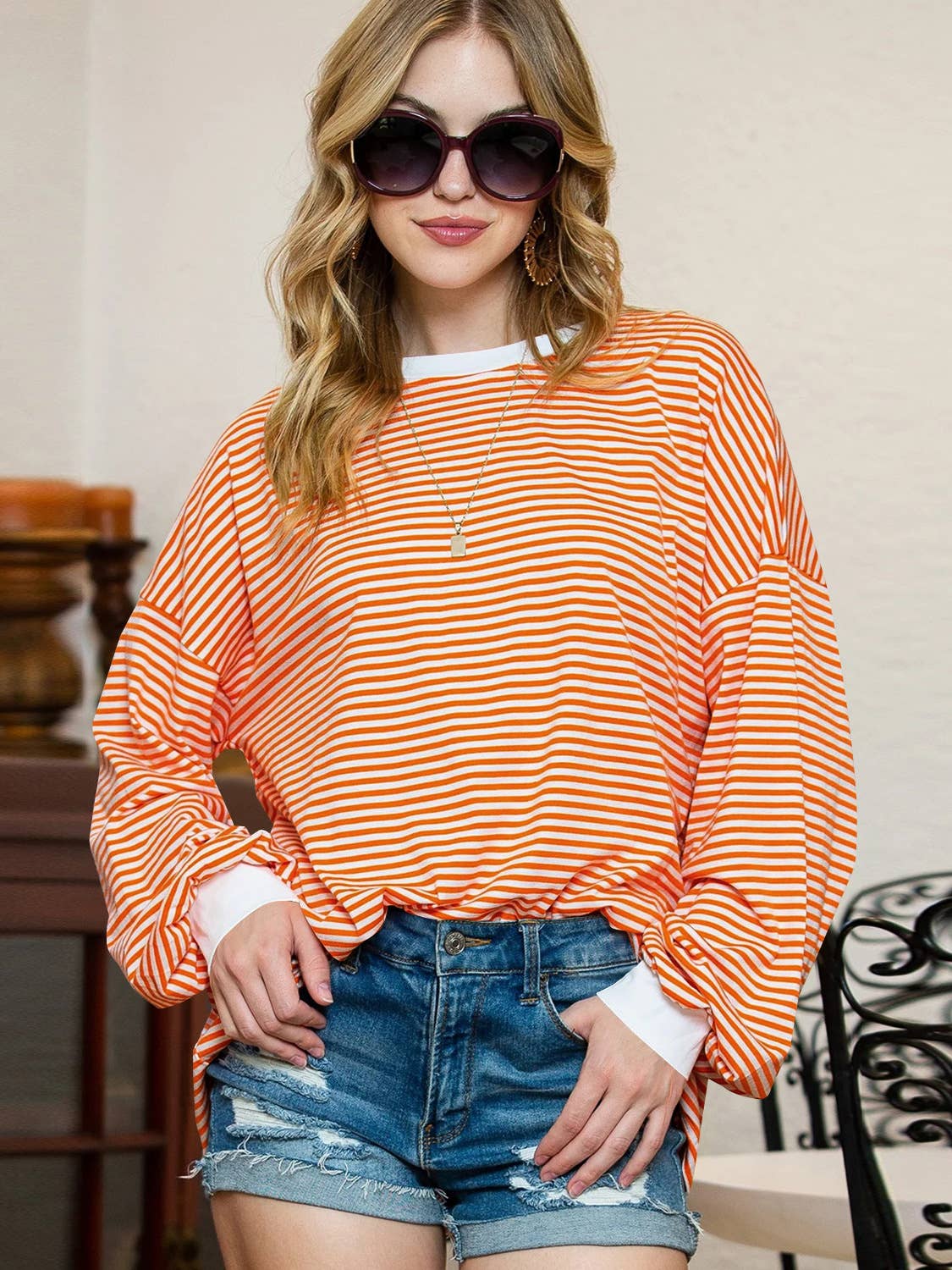 STRIPED LONG-SLEEVED T-SHIRT CREW NECK HOODIE