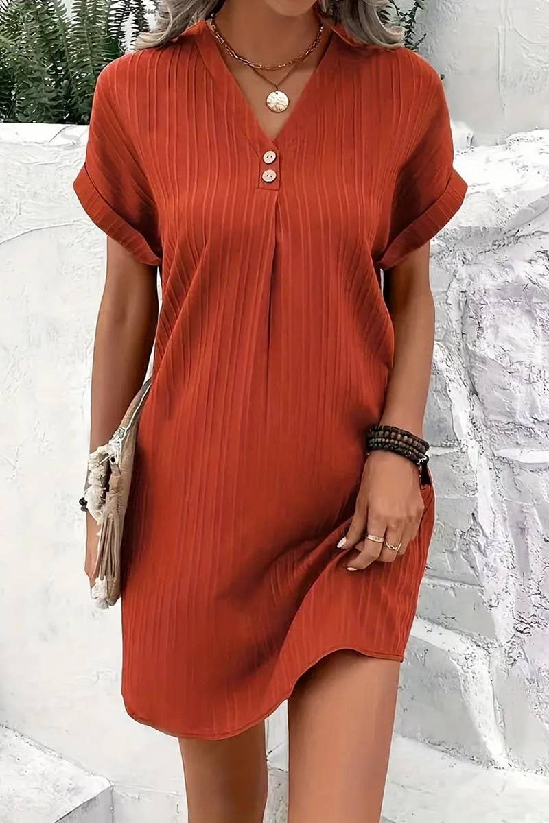 CWDSD6539_V-NECK SOLID COLOR PULLOVER CASUAL BUTTON DRESS