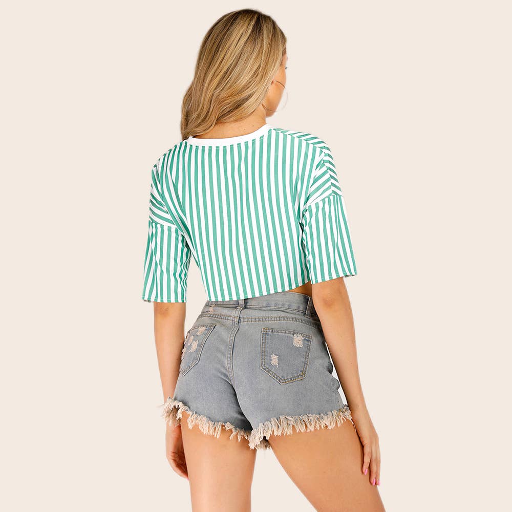 Striped letter embroidery cropped crop top