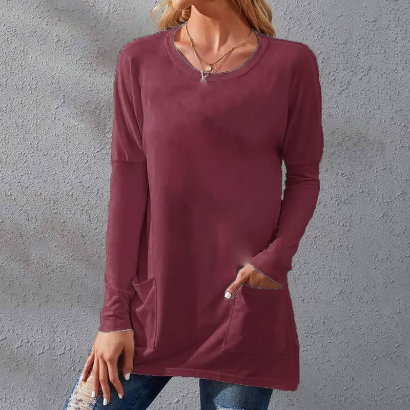 Solid-color loose round-neck pocket T-shirt
