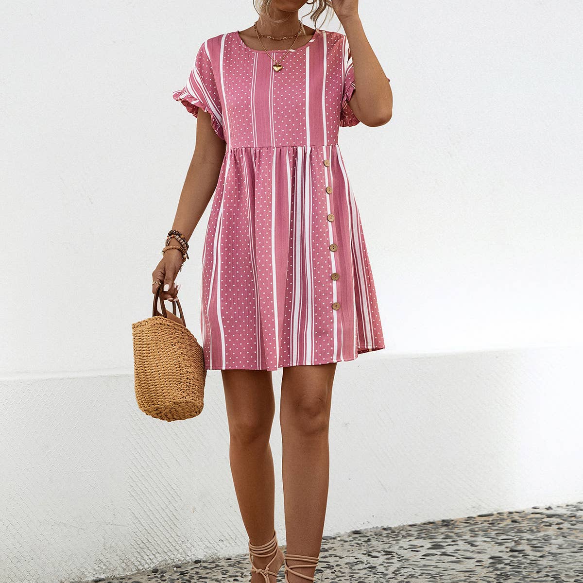 Round neck high waist button-up short dress