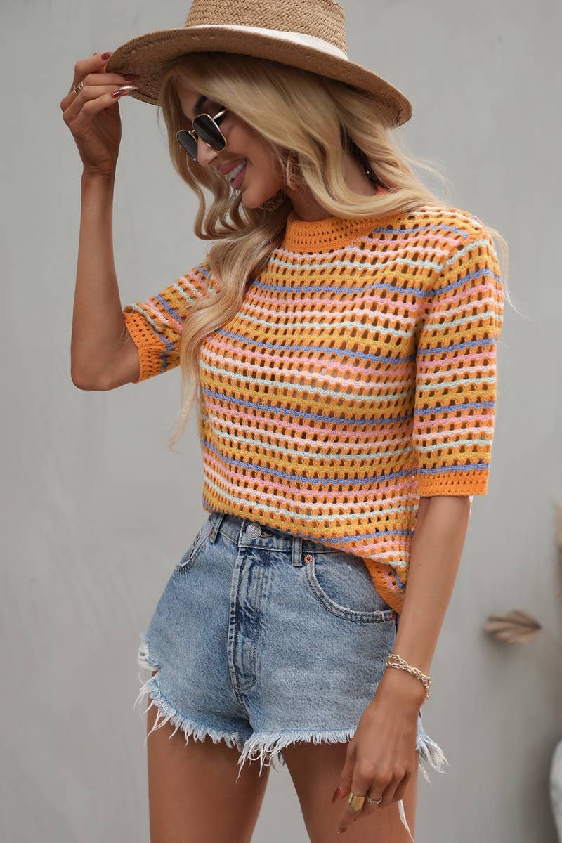 Cwtts0736_Crochet Short Sleeve Pullover Sweater