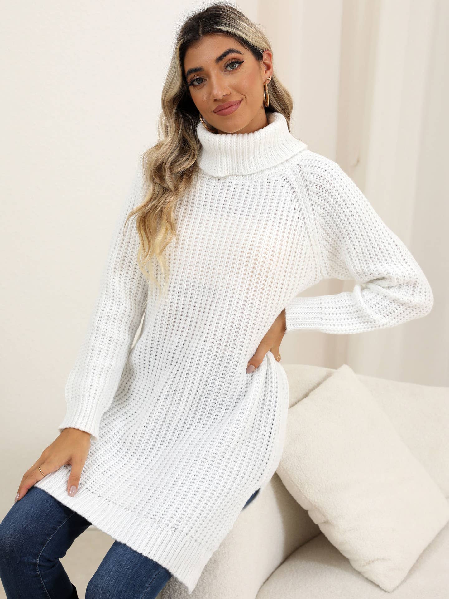 THICK SWEATER TURTLENECK SIMPLE SLIT DRESS