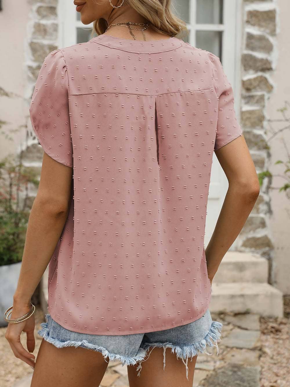 V-NECK JACQUARD SHORT SLEEVE SHIRT BLOUSE