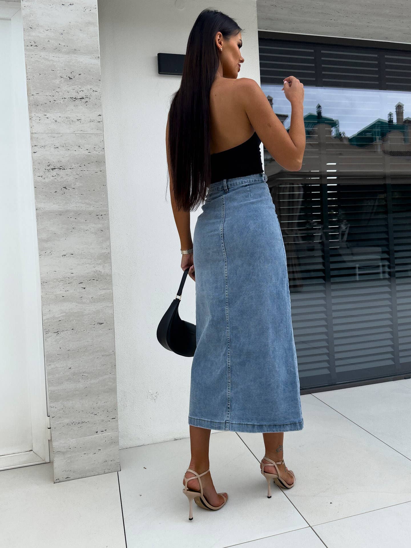 DENIM SKIRT WITH IRREGULAR SPLIT BUTTONS