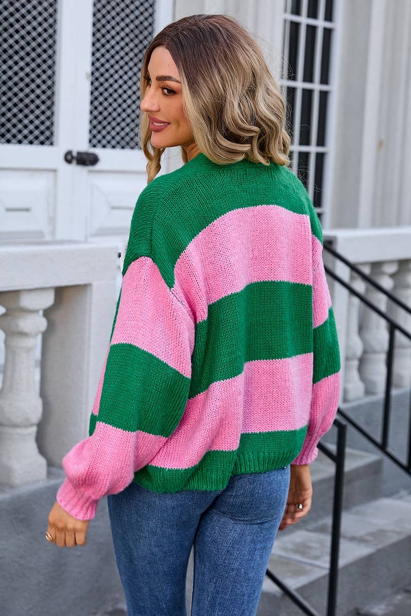 CWOCAL0918_LOOSE COLORBLOCK KNIT CARDIGAN SWEATER