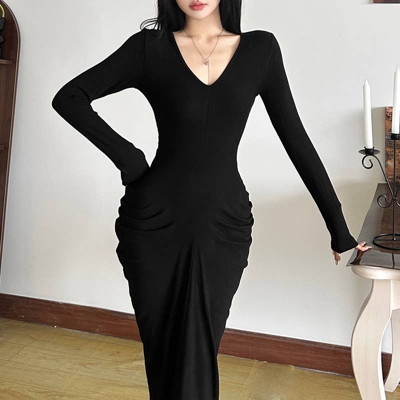 SEXY V-NECK HIGH-WAISTED SLIM DRESS WITH HIP WRAP