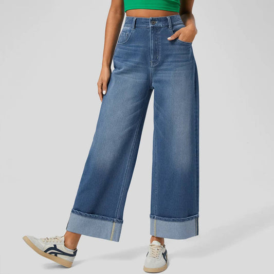 Fashion High-Waist Rolled Hem Straight-Leg Jeans