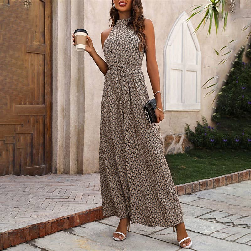 Elastic waist and neck sleeveless floral jumpsuit