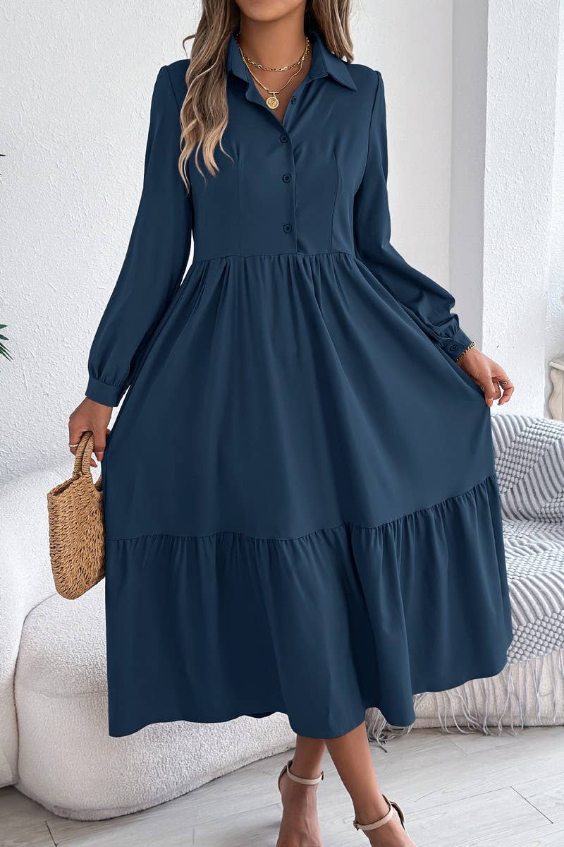 CWDMD6027_LOOSE FIT RUFFLE TRIM LONG SLEEVE SHIRT DRESS