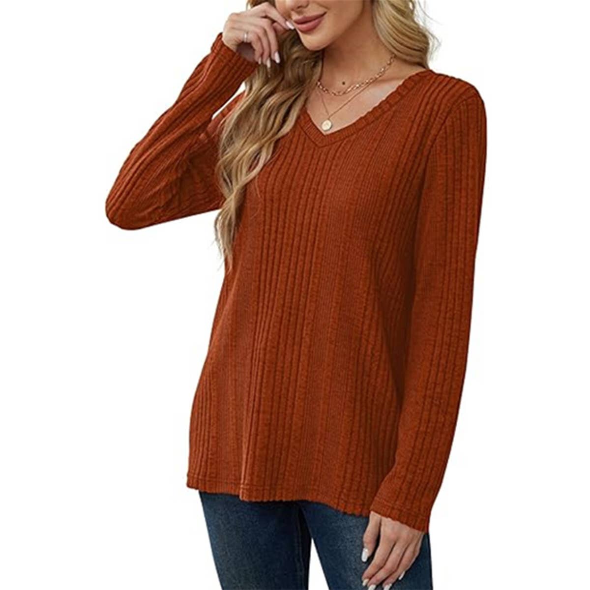 V-NECK KNITTED PIT STRIP BRUSHED LONG SLEEVE