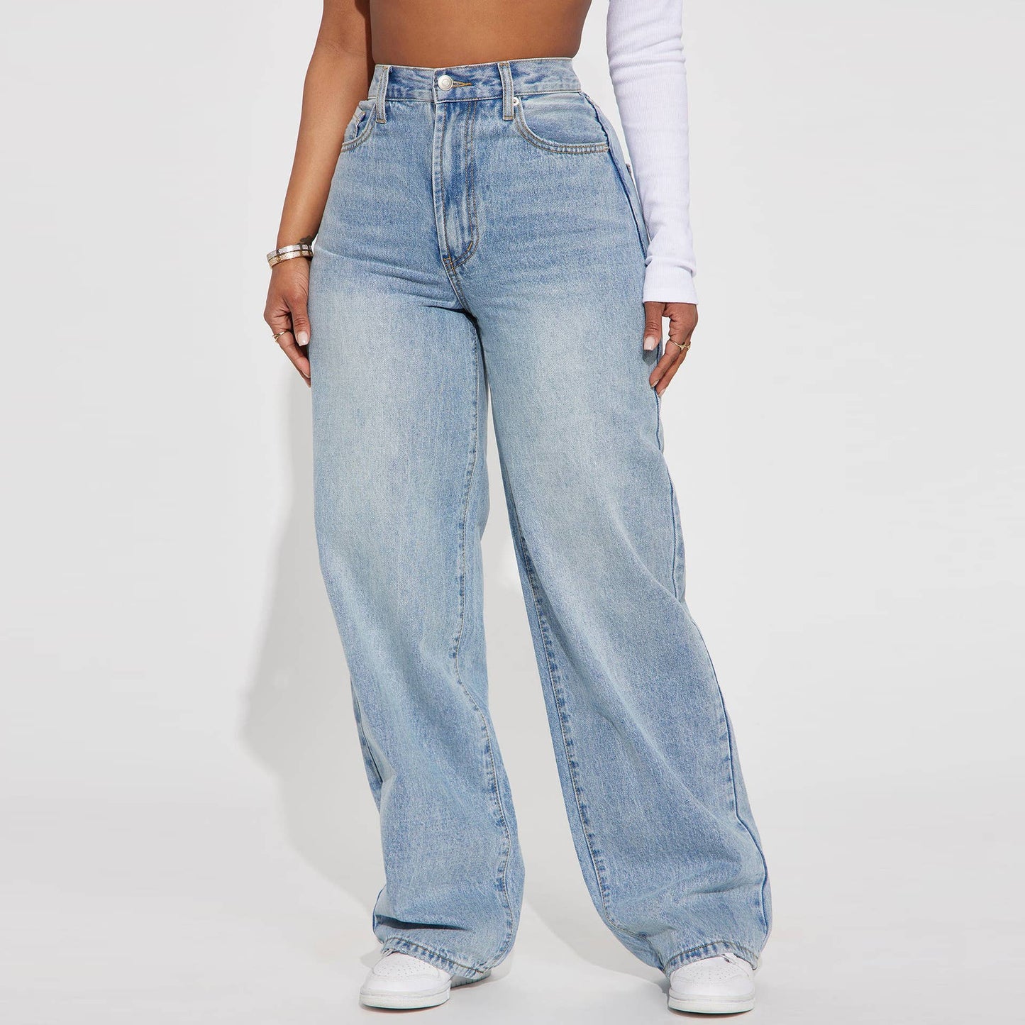 Casual high-waisted design washed denim trousers