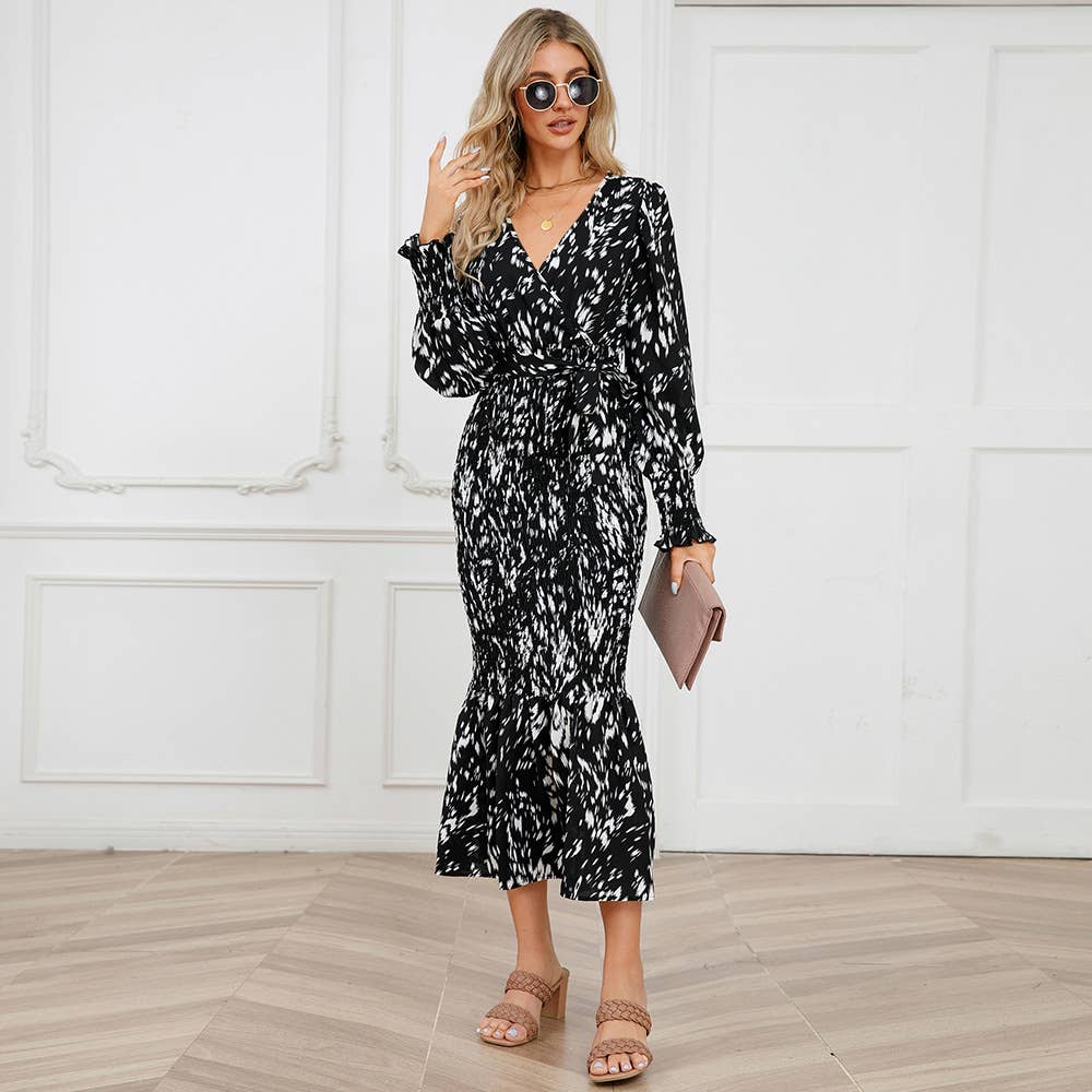 V-Neck Belted Floral Mermaid Maxi Dress
