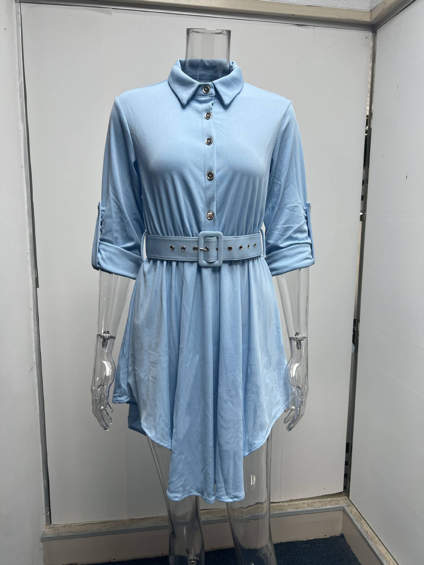 Rolled-up sleeves cinched waist shirt dress