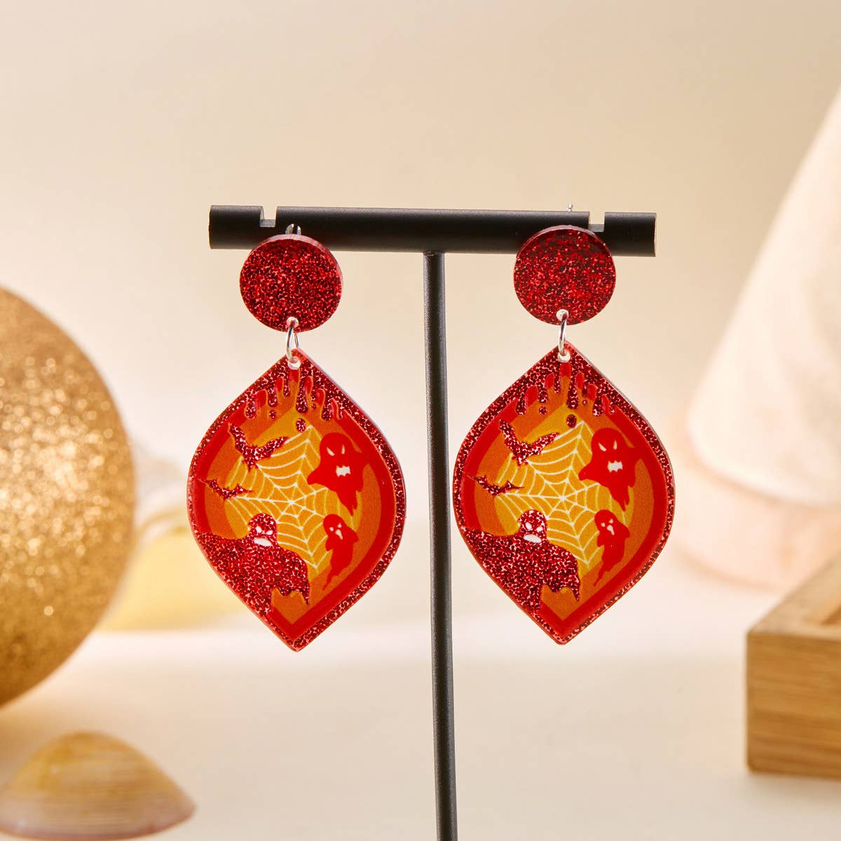 HALLOWEEN FUNNY PUMPKIN BAT LEAF EARRINGS