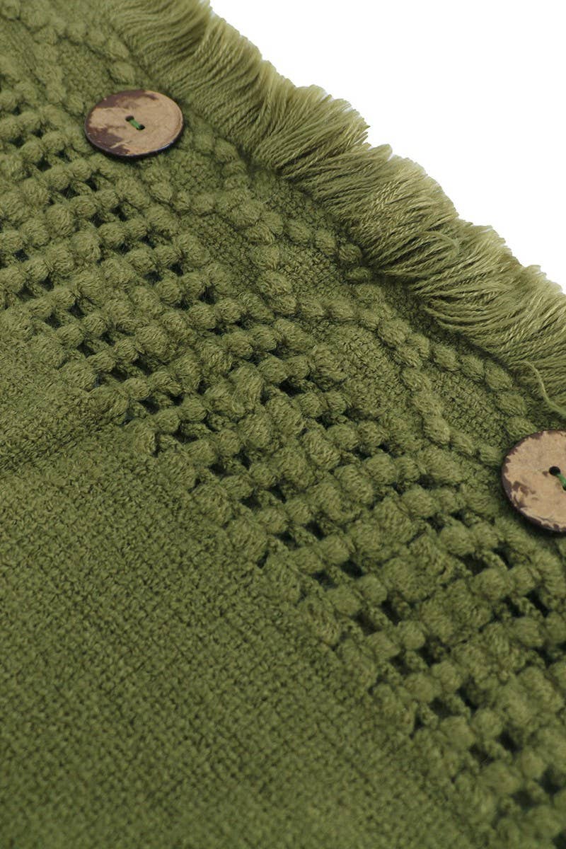 CWOSWL6438_V-NECK FRINGED HOODED MID-LENGTH CAPE KNITTED TOP