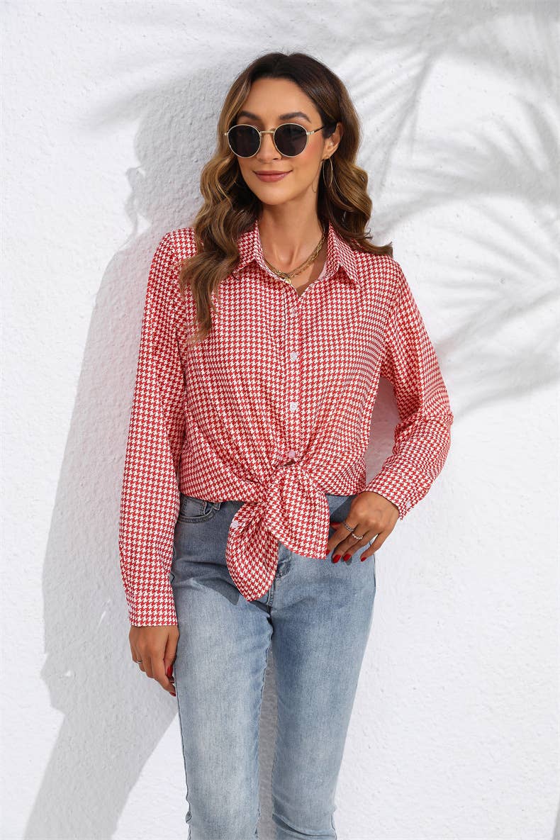 Lapel checked loose casual long-sleeved shirt
