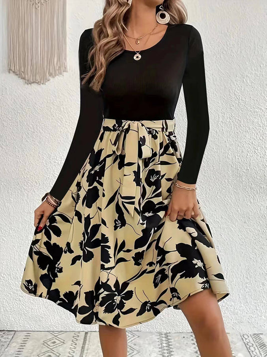 PRINTED SKIRT CREW NECK STRAPPY DRESS