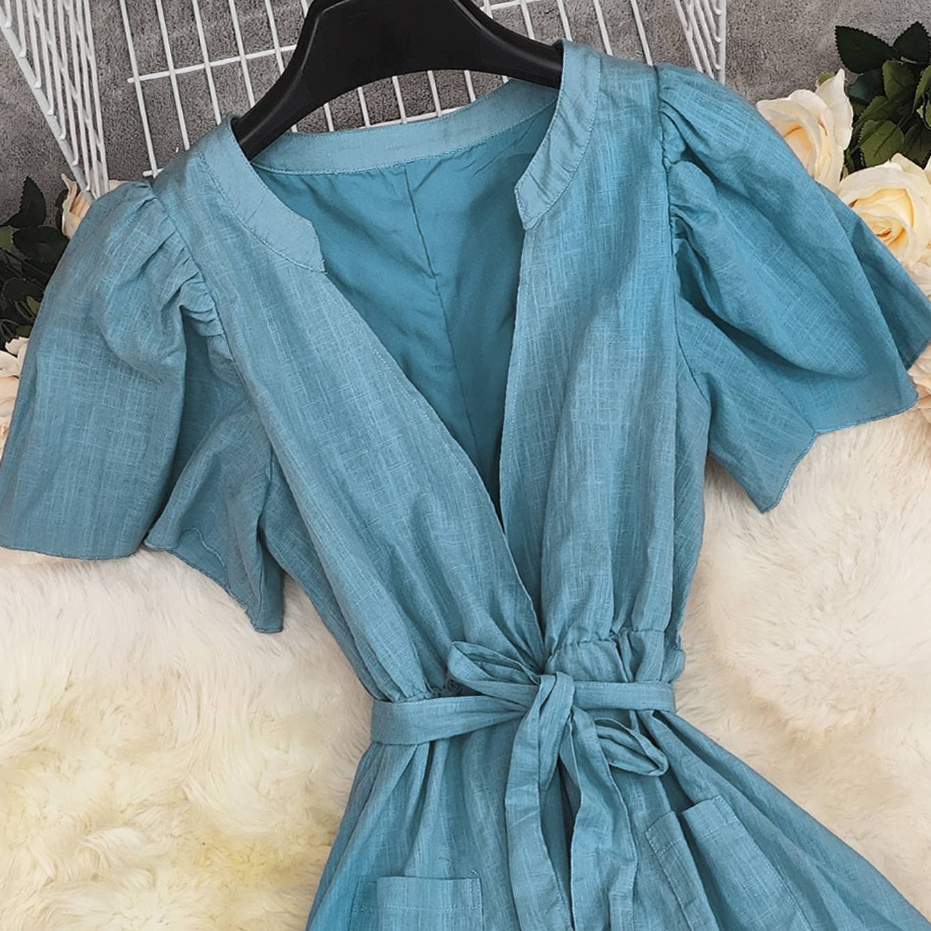 Lace-up V-neck high-waisted wide-swing dress