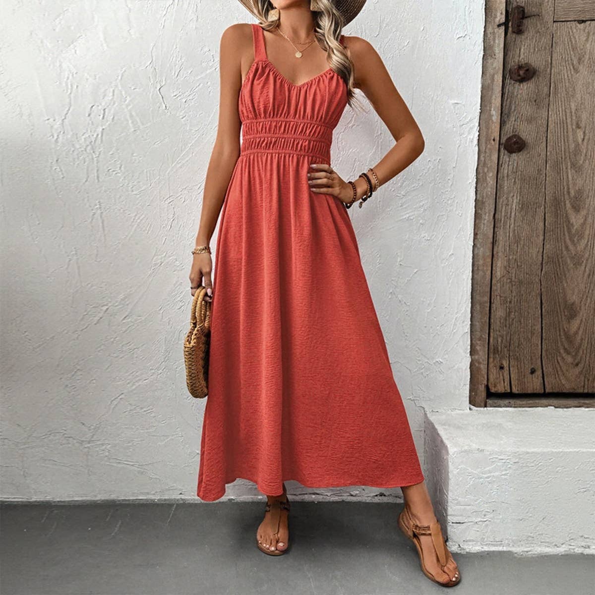 Textured Sleeveless Ruched Casual Cami Dress