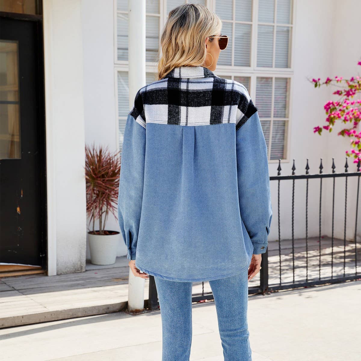 Washed plaid denim long-sleeved coat